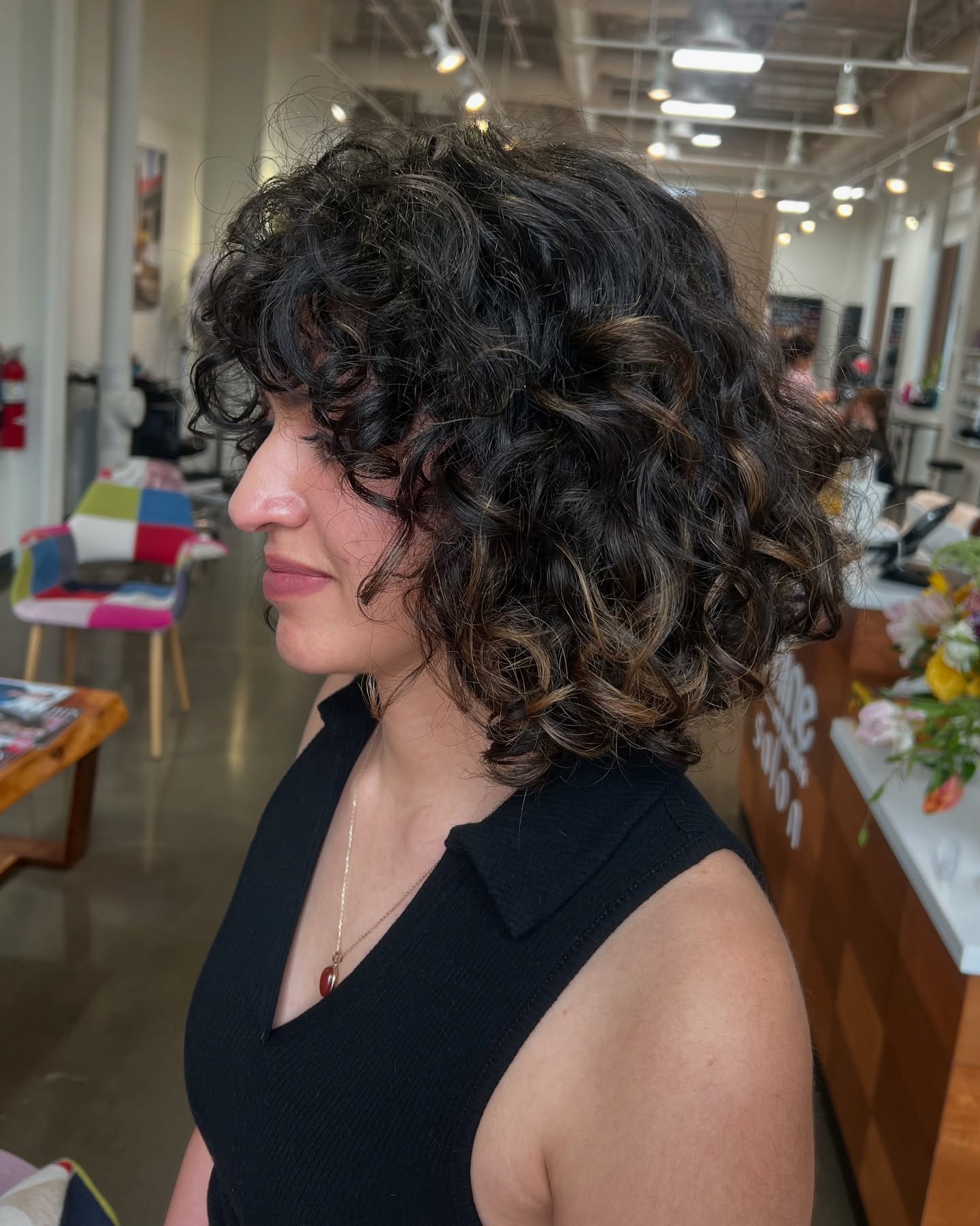 Textured Curly Long Bob with Subtle Highlights