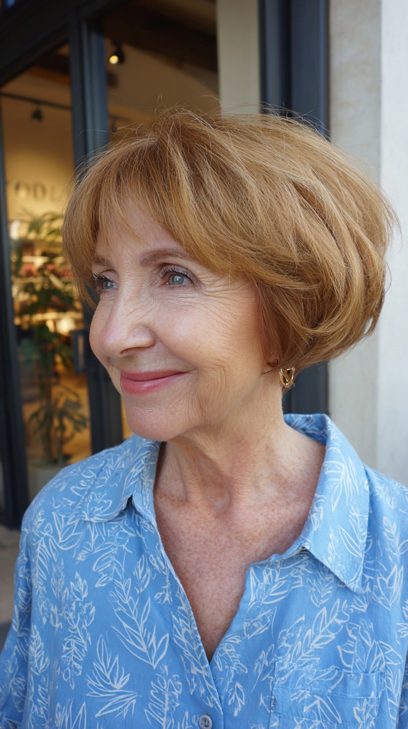Warm Copper Rounded Bob with Side-Swept Bangs