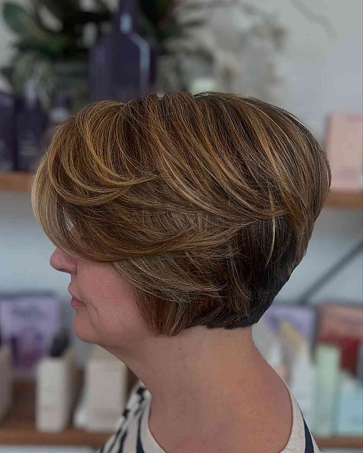 Textured Short Layered Bob with Warm Highlights