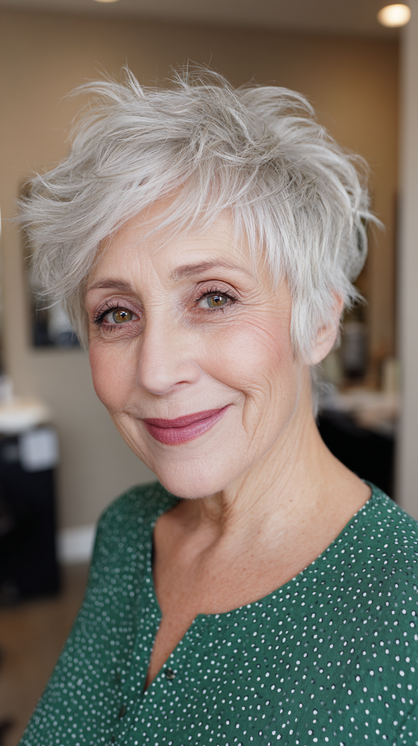 Textured Silver Feathered Pixie Cut
