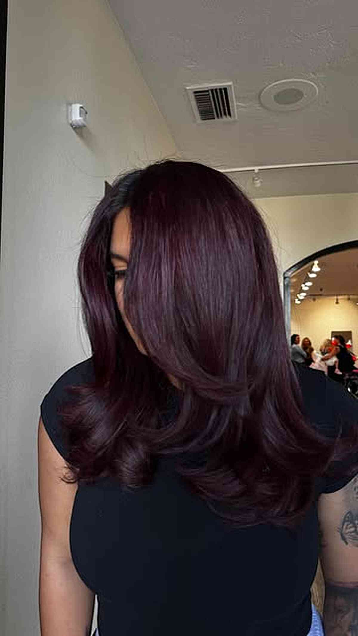 Glossy Dark Wine Plum Layered Hair