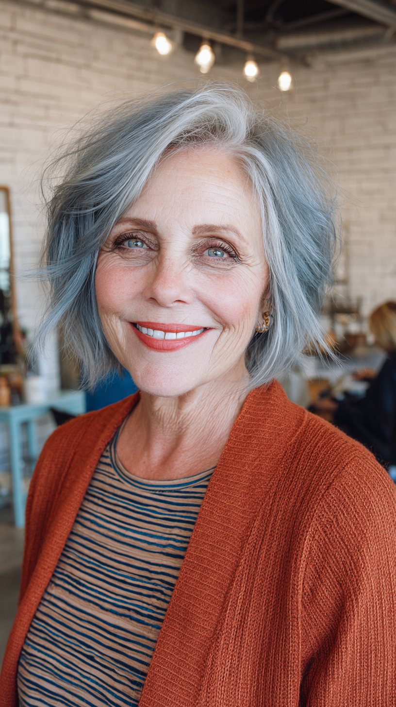 Chic Soft Blue Textured Lob with Subtle Waves