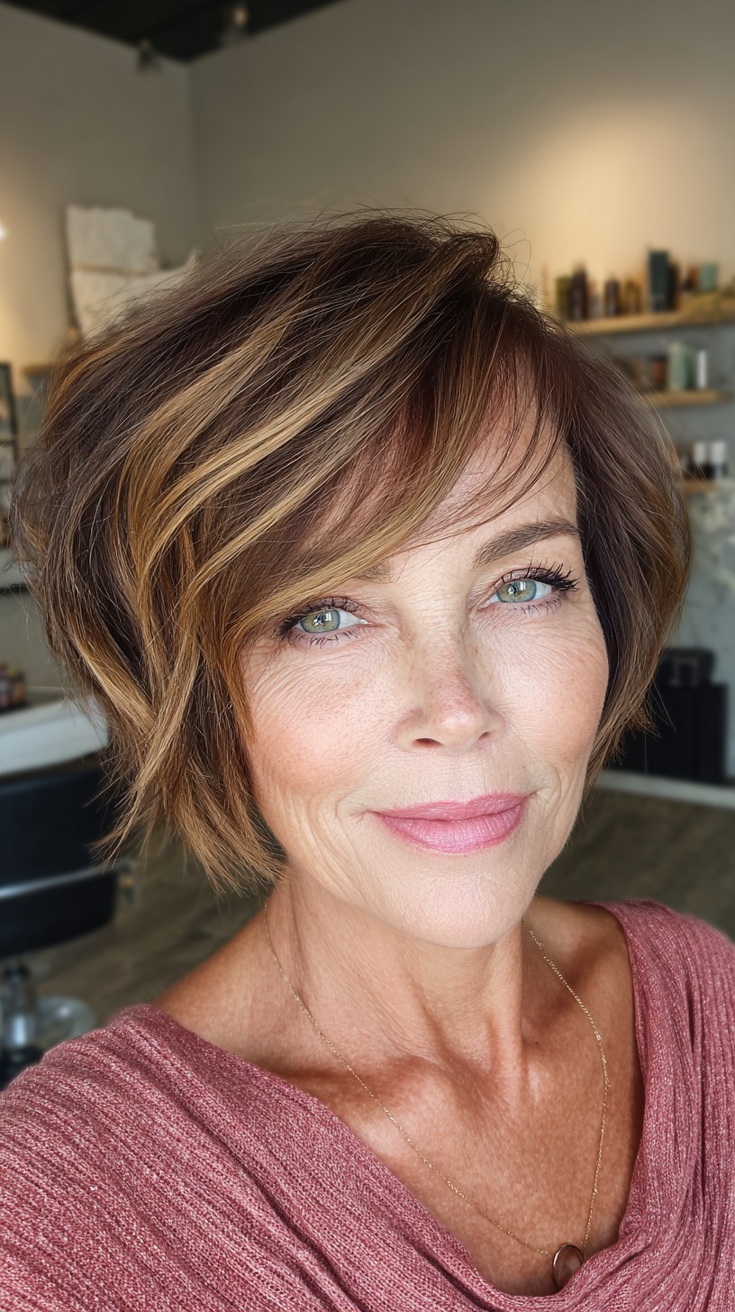 Dynamic Caramel Swirl Bob with Feathered Layers