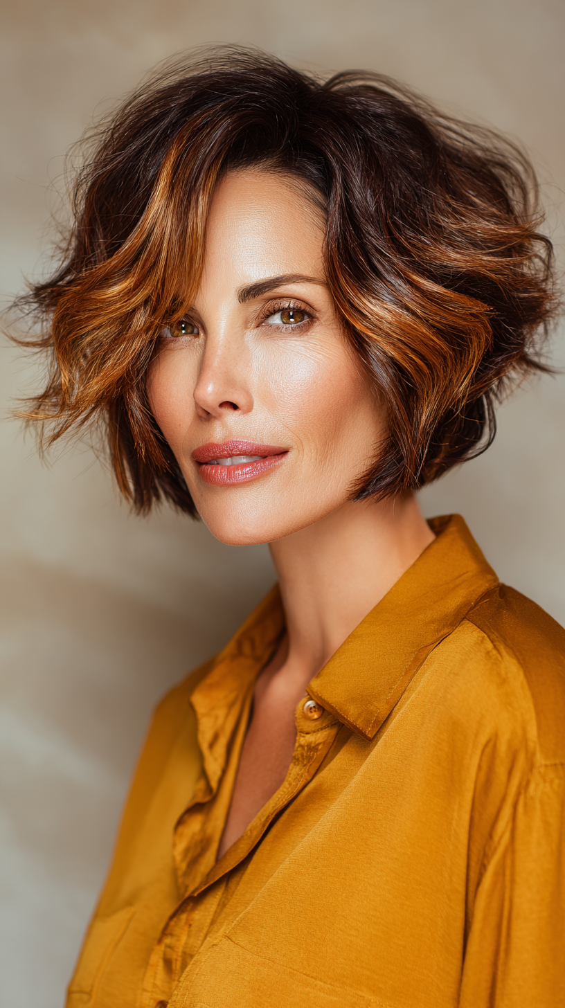Dynamic Copper-Infused Layered Bob for Mature Women