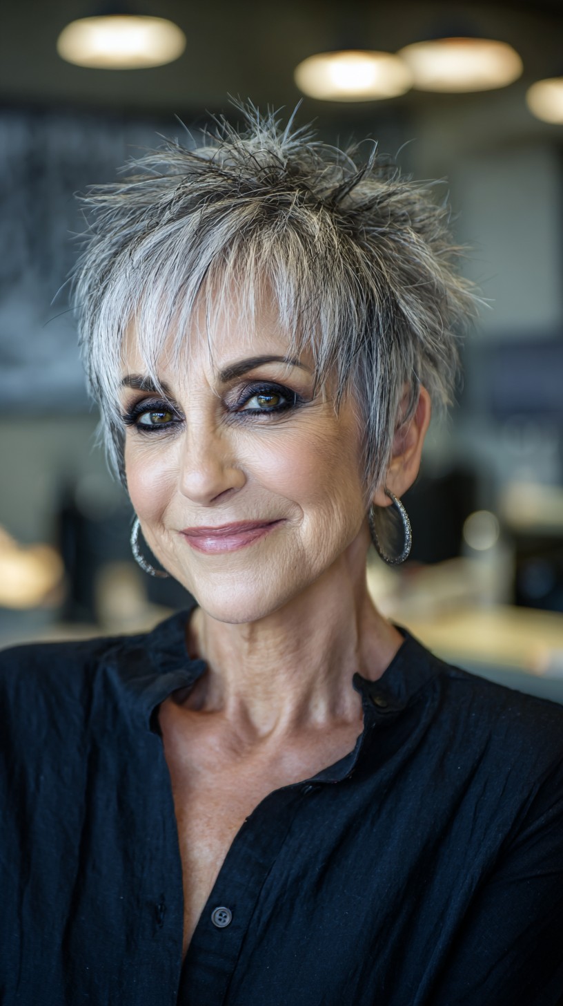 Edgy Silver Textured Pixie with Feathered Layers