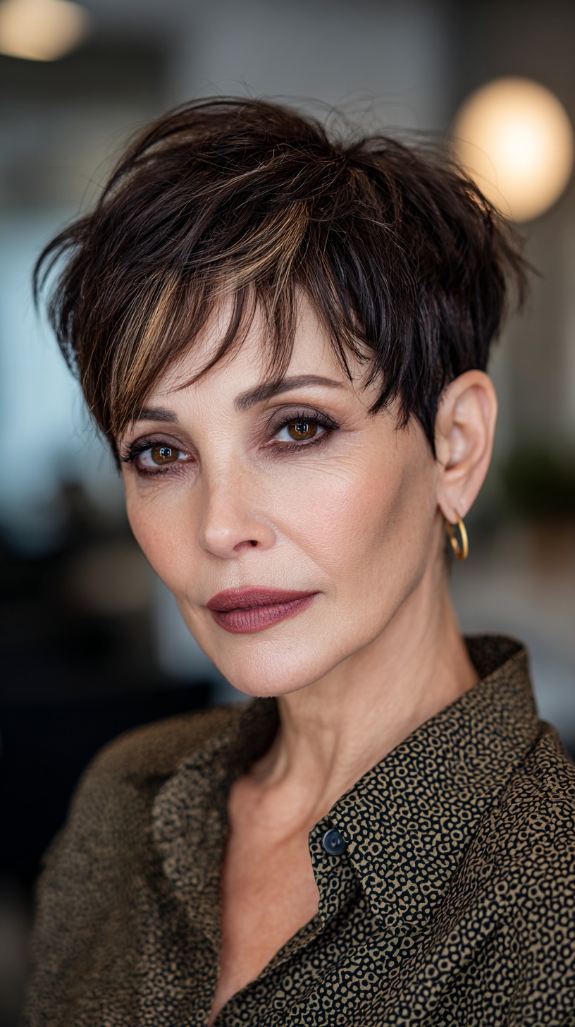 Modern Textured Brunette Pixie with Soft Highlights