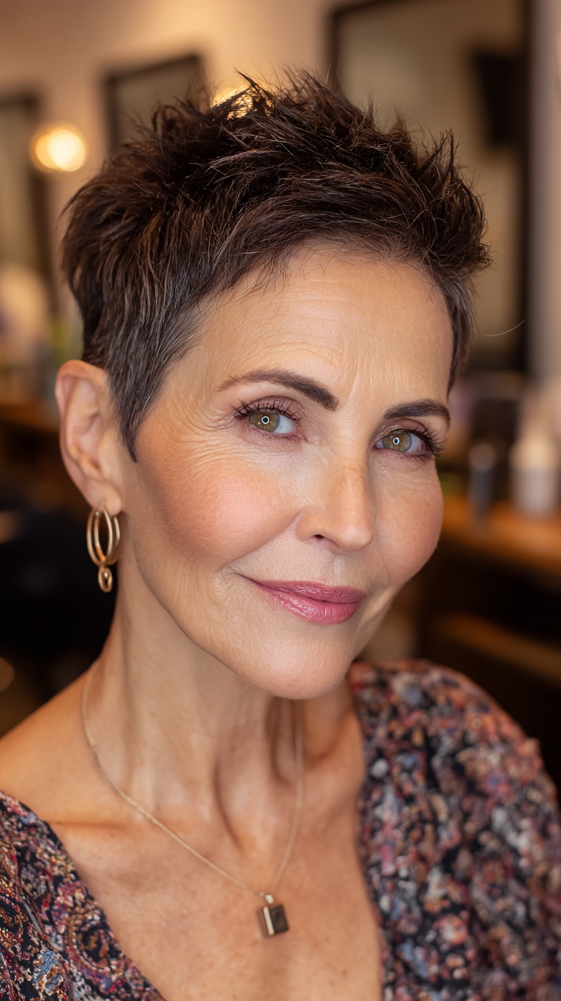 Sharp Espresso Tousled Pixie for Mature Elegance