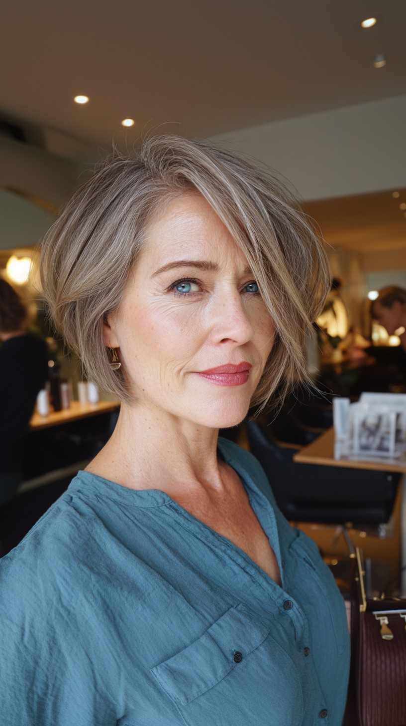 Soft Silver Layered Bob with Sweeping Fringe