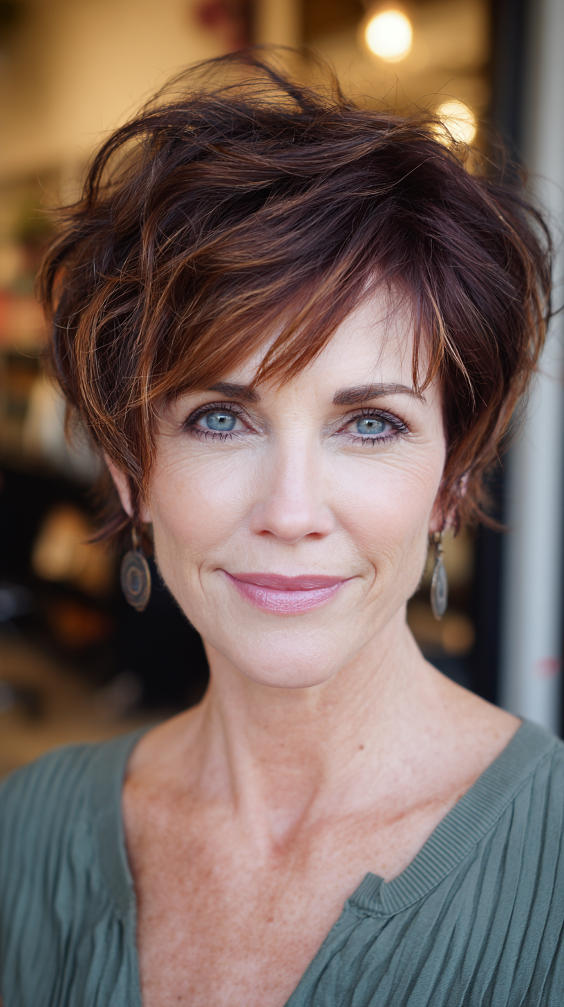 Textured Chestnut Bob with Subtle Highlights