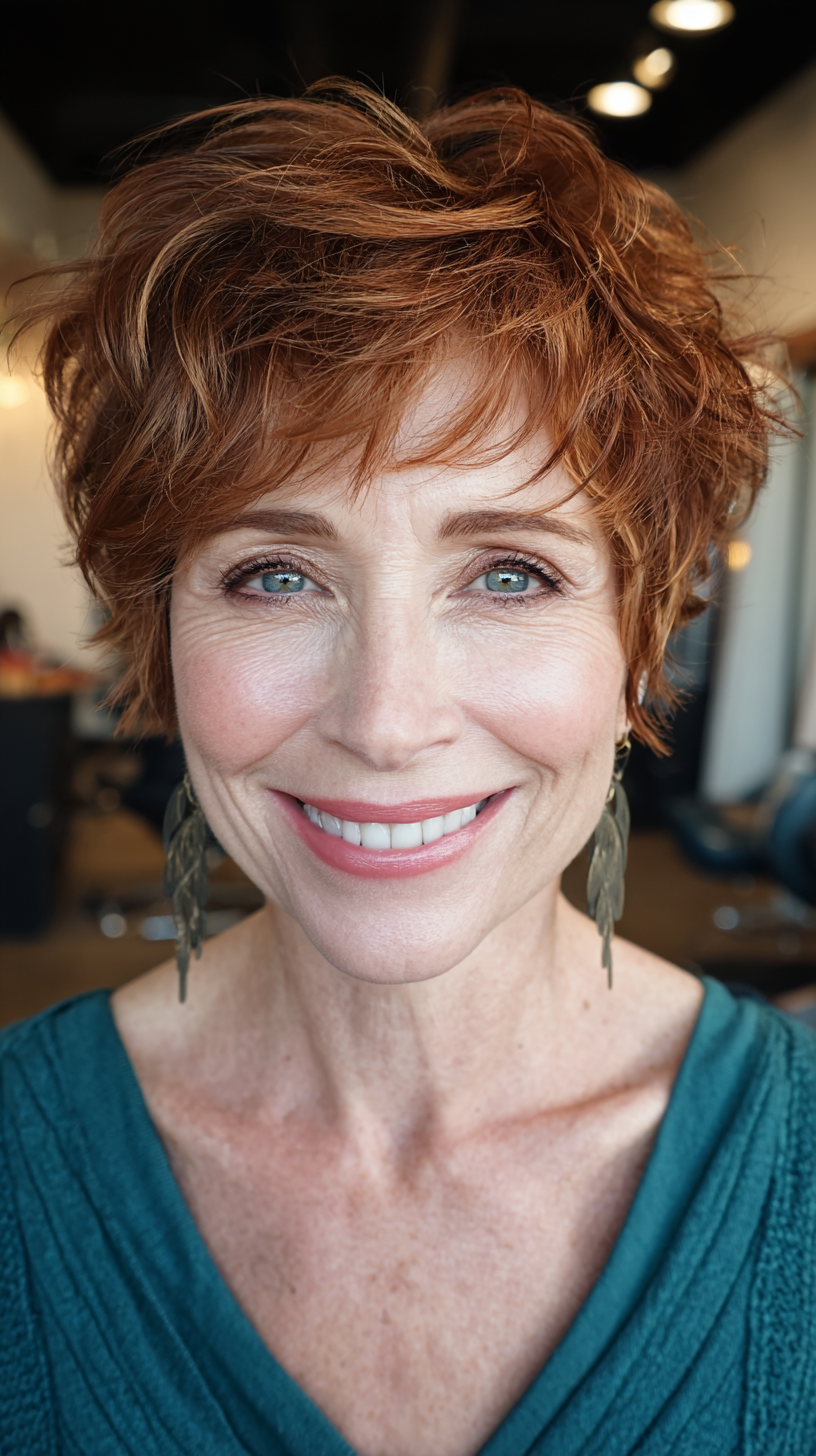 Textured Short Curly Cut with Fiery Highlights