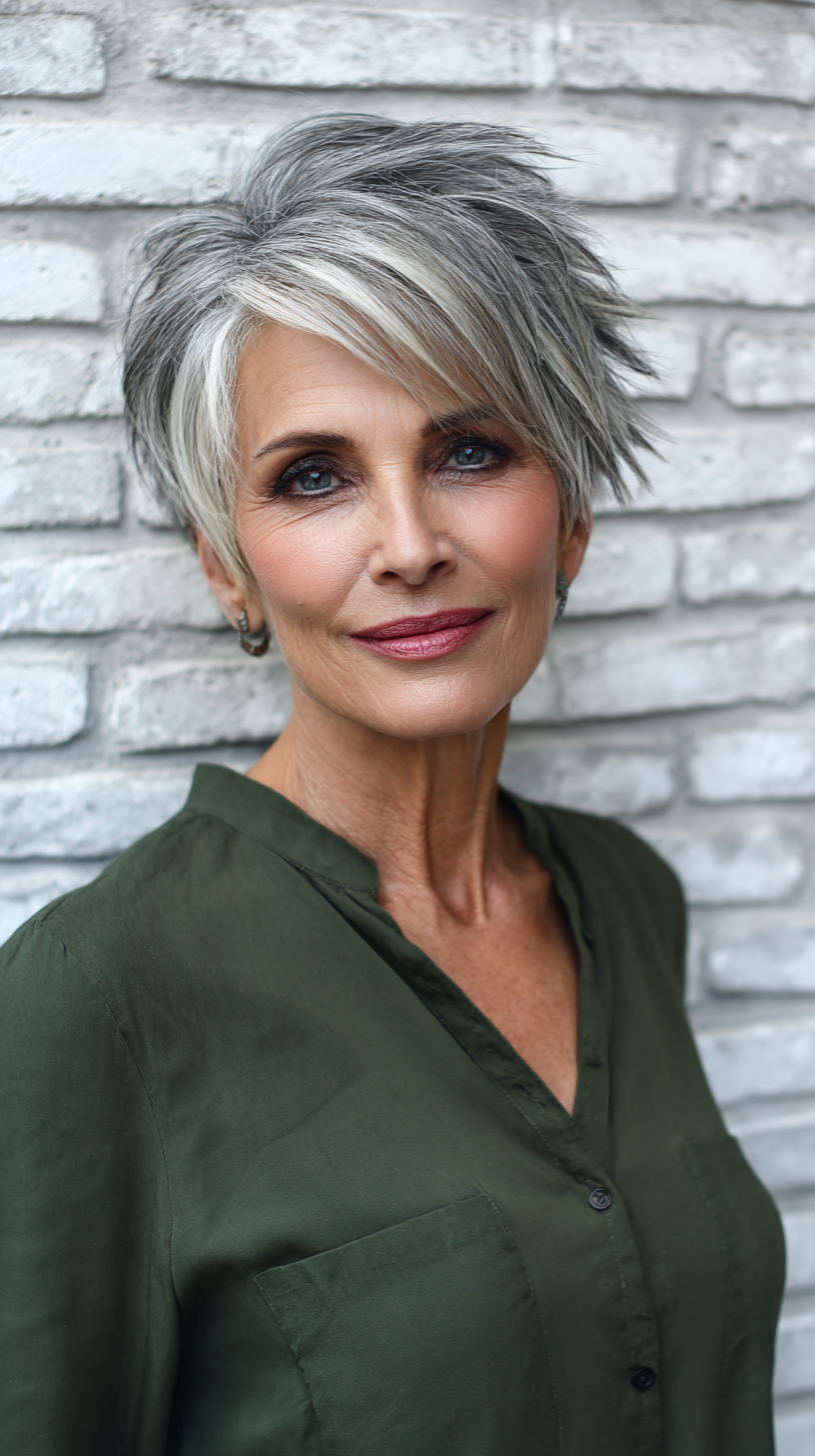 Textured Silver Pixie with Side-Swept Bangs