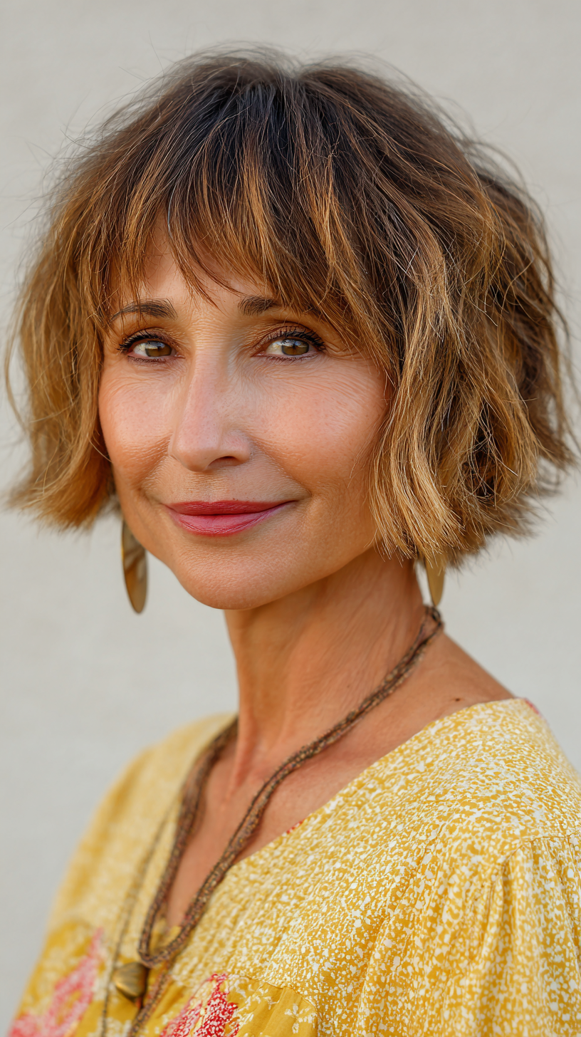 Textured Wavy Bob with Soft Bangs