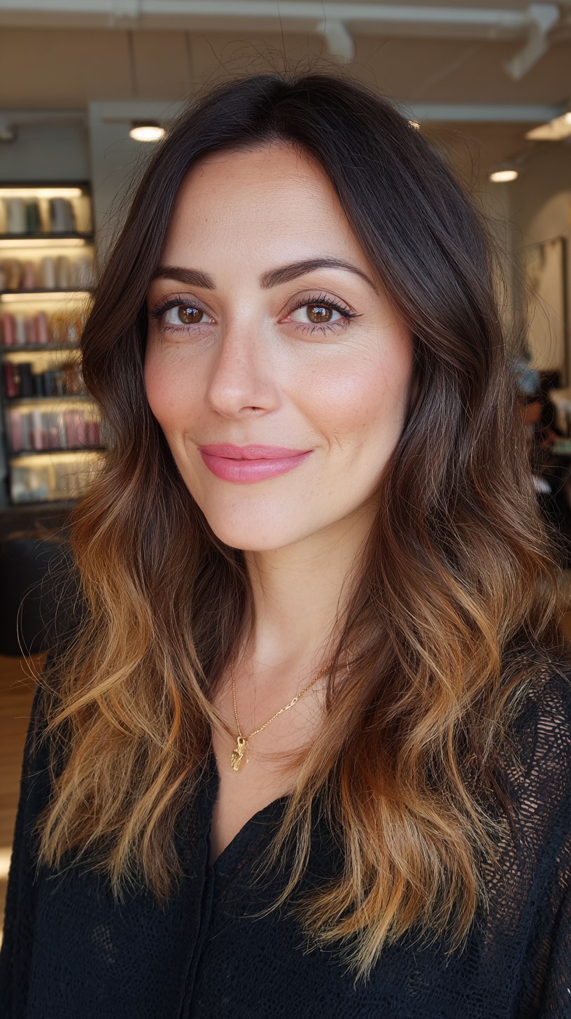 Elegant Brunette-to-Caramel Ombre with Wavy Styling
