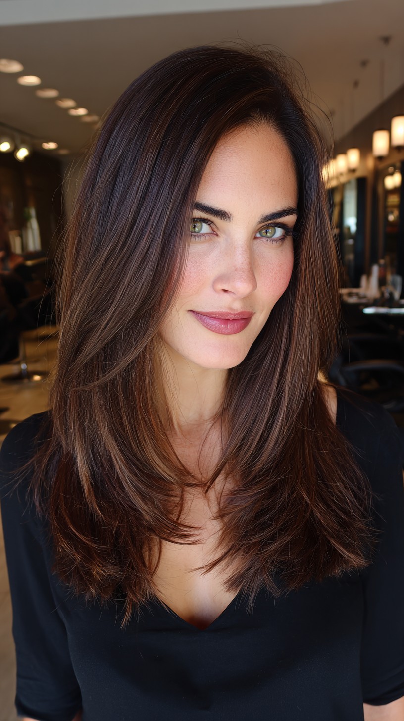 Luxurious Espresso Layers with Soft Face-Framing