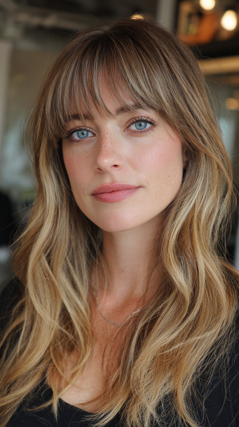Sun-Kissed Caramel Waves with Curtain Bangs