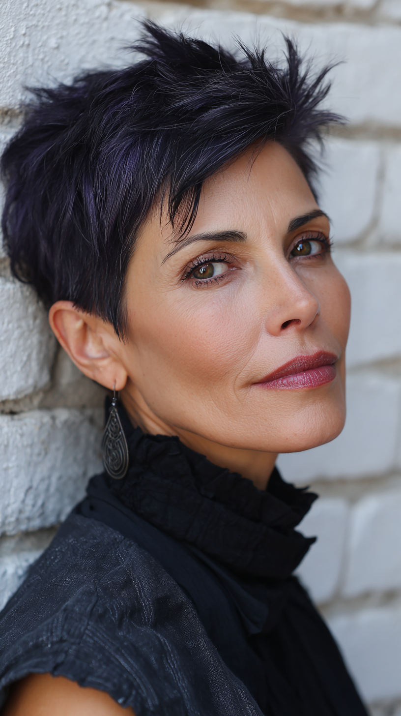 Bold Short Spiky Cut with Subtle Purple Undertones