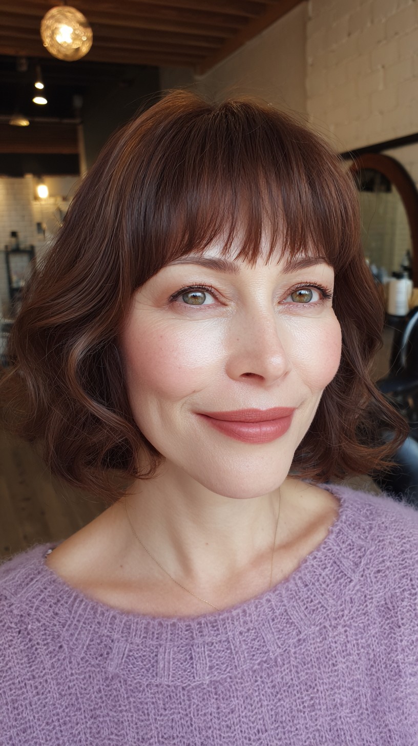Chestnut-Brown S-Wave Bob with Soft Bangs