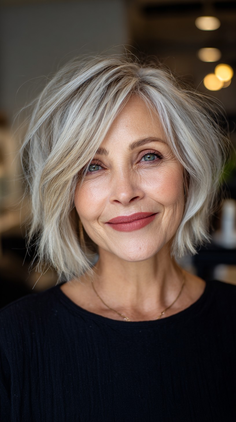 Chic Silver Balayage Bob with Textured Ends