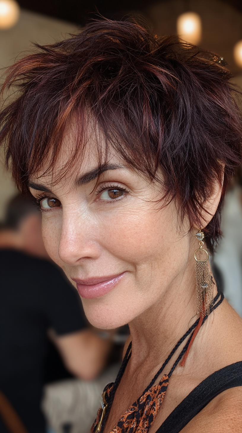 Chic Textured Short Spiky Cut with Rich Mahogany Tones