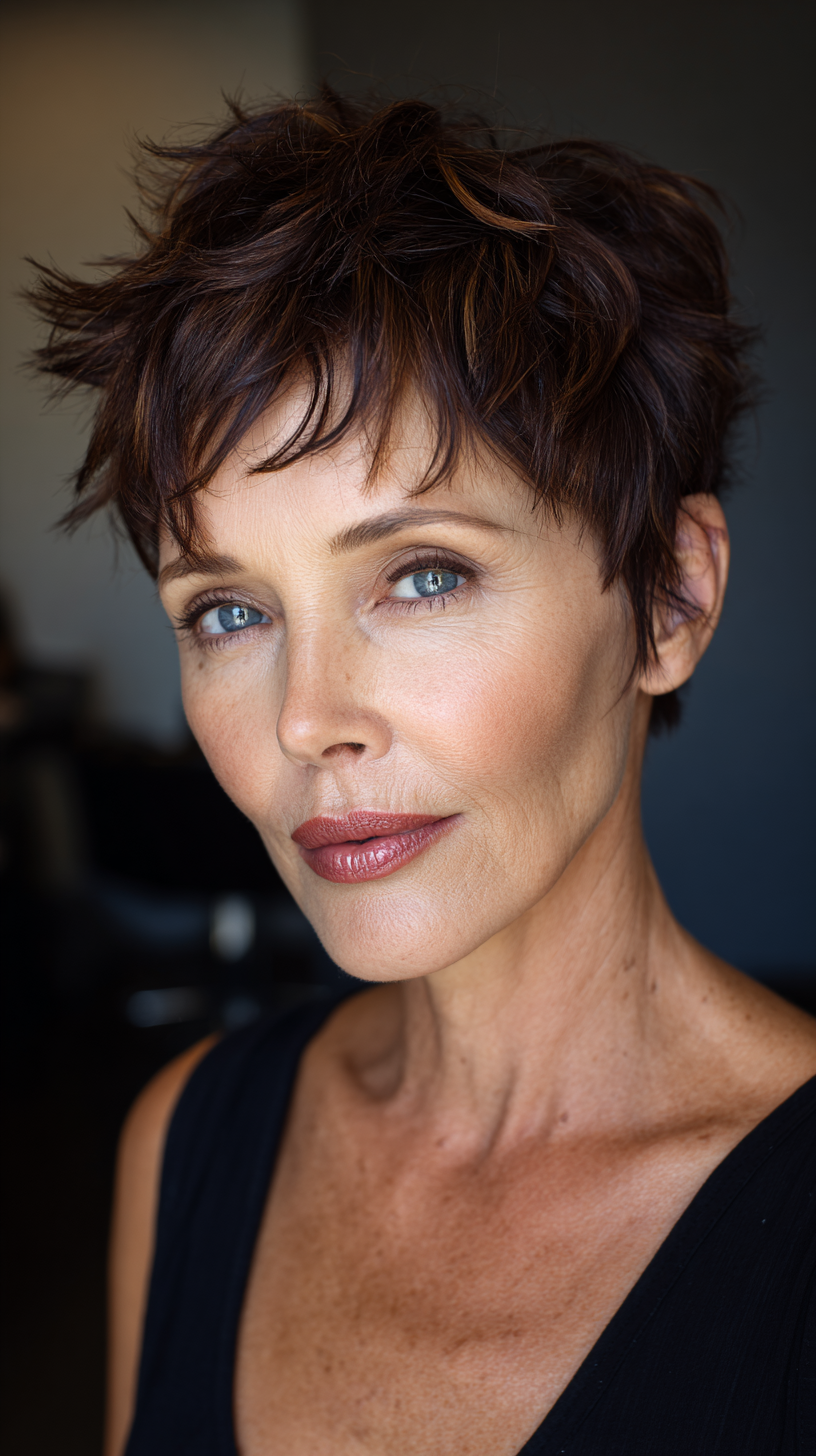 Chic Textured Short Spiky Cut with Warm Brown Highlights