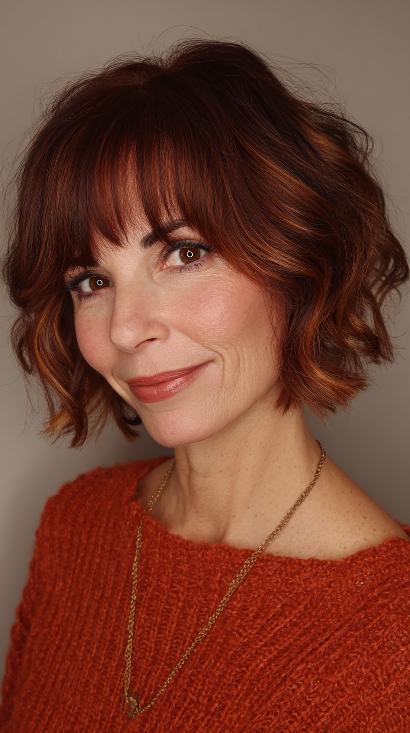 Copper-Toned Wavy Bob with Fringe Bangs