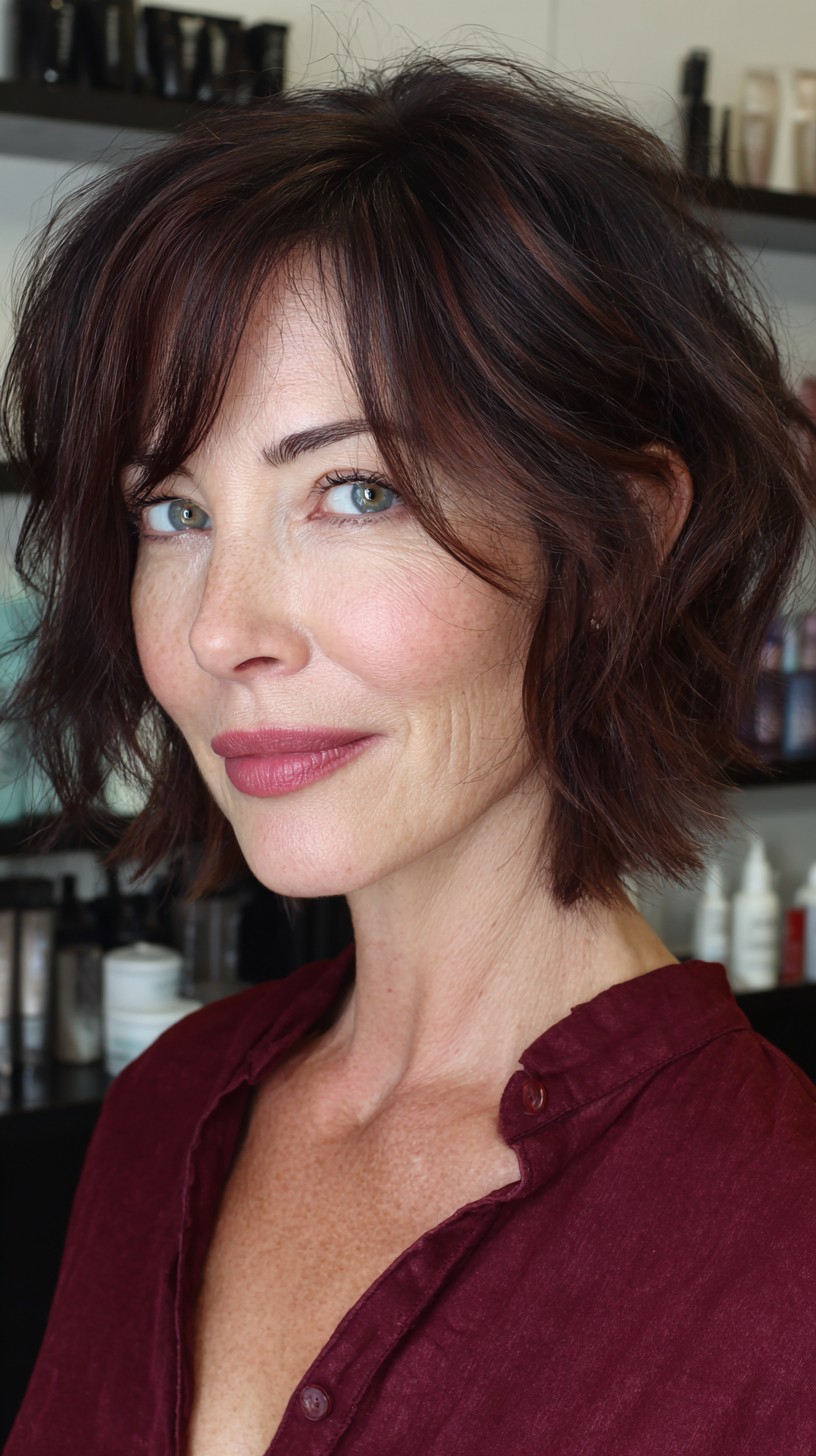 Deep Chestnut Wavy Bob with Feathered Bangs