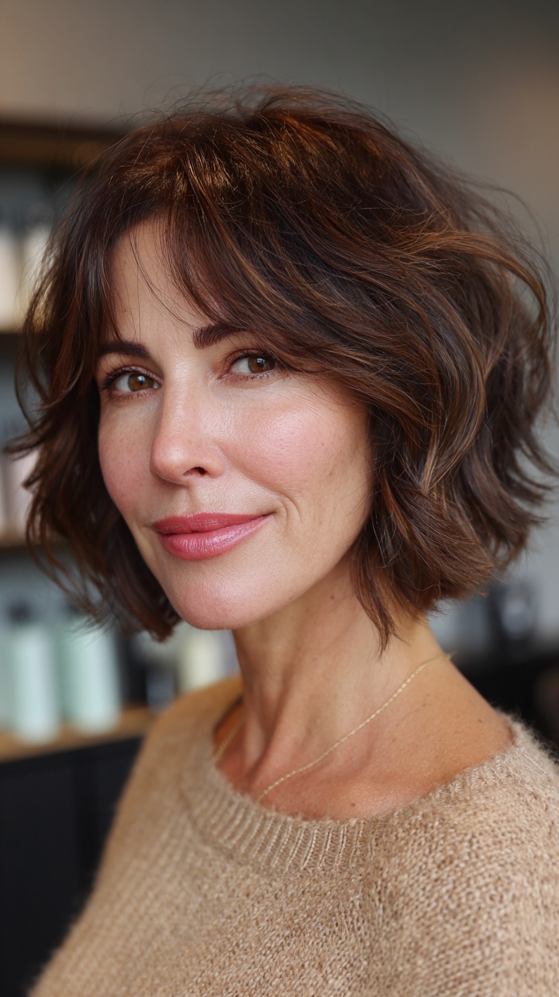 Deep Chocolate Tousled Bob with Side-Swept Bangs