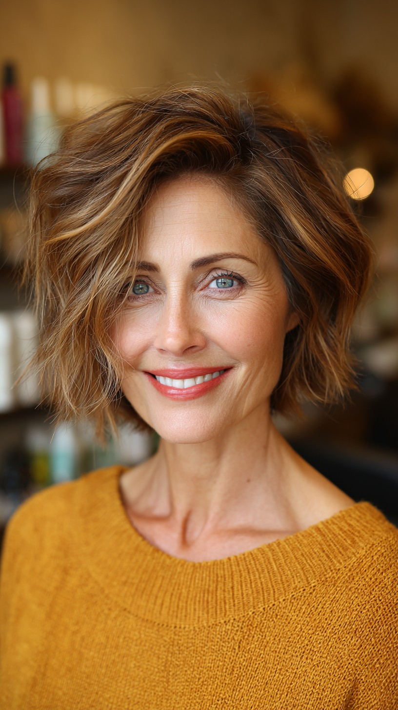 Dynamic Tousled Bob with Warm Highlights