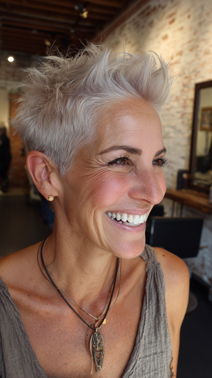 Edgy Textured Short Spiky Cut with Soft Platinum Finish