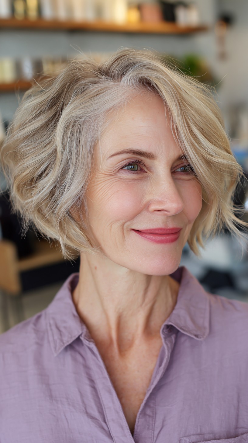 Effortless Light Ash Blonde Wavy Bob