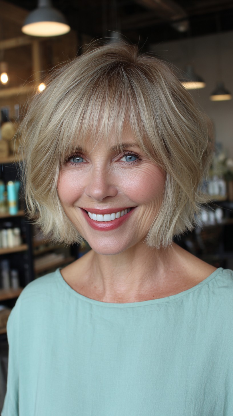Playful Blonde Textured Bob with Wispy Bangs