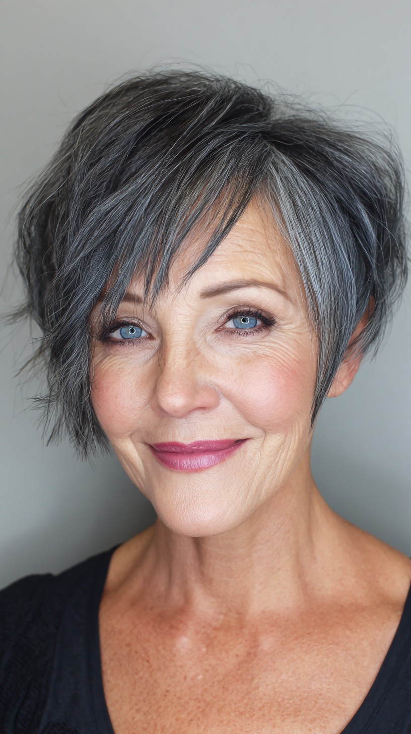 Silver Slate Layered Pixie for Mature Women
