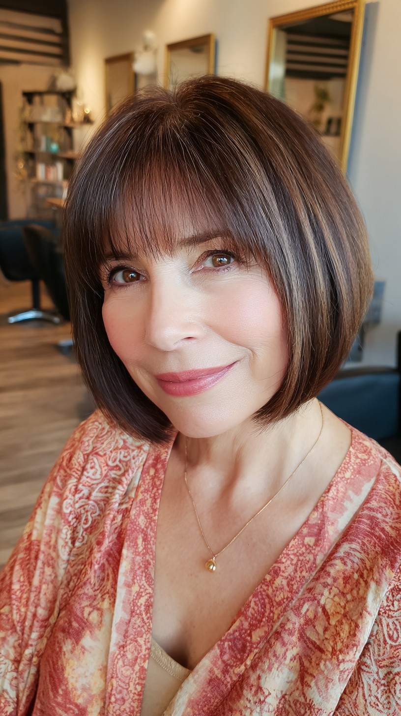 Sleek Chocolate-Brown Bob with Precision Bangs