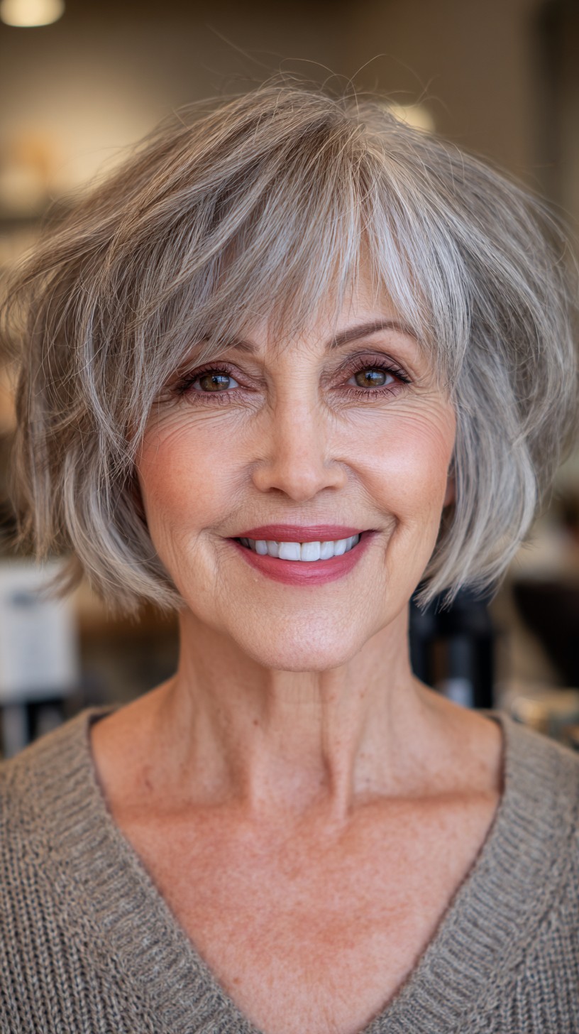 Soft Silver Layered Bob with Wispy Bangs