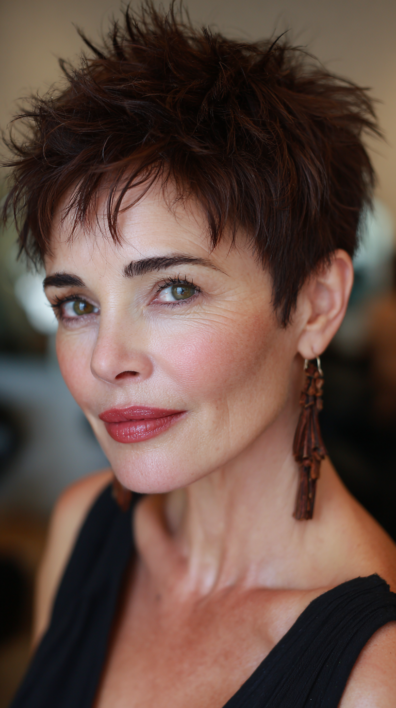 Stylish Textured Short Spiky Cut with Rich Chocolate Undertones