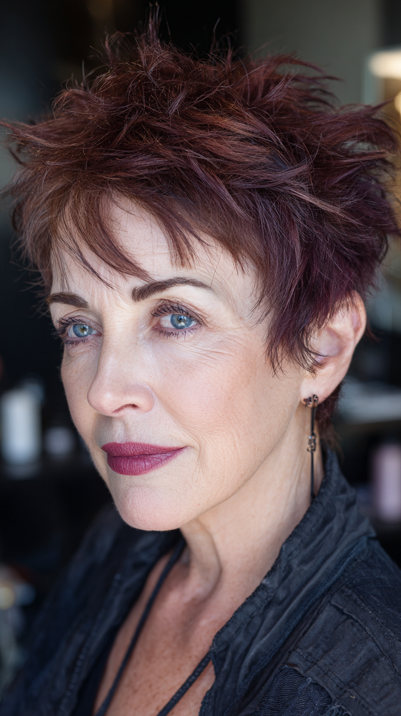 Textured Short Spiky Cut with Rich Burgundy Tones