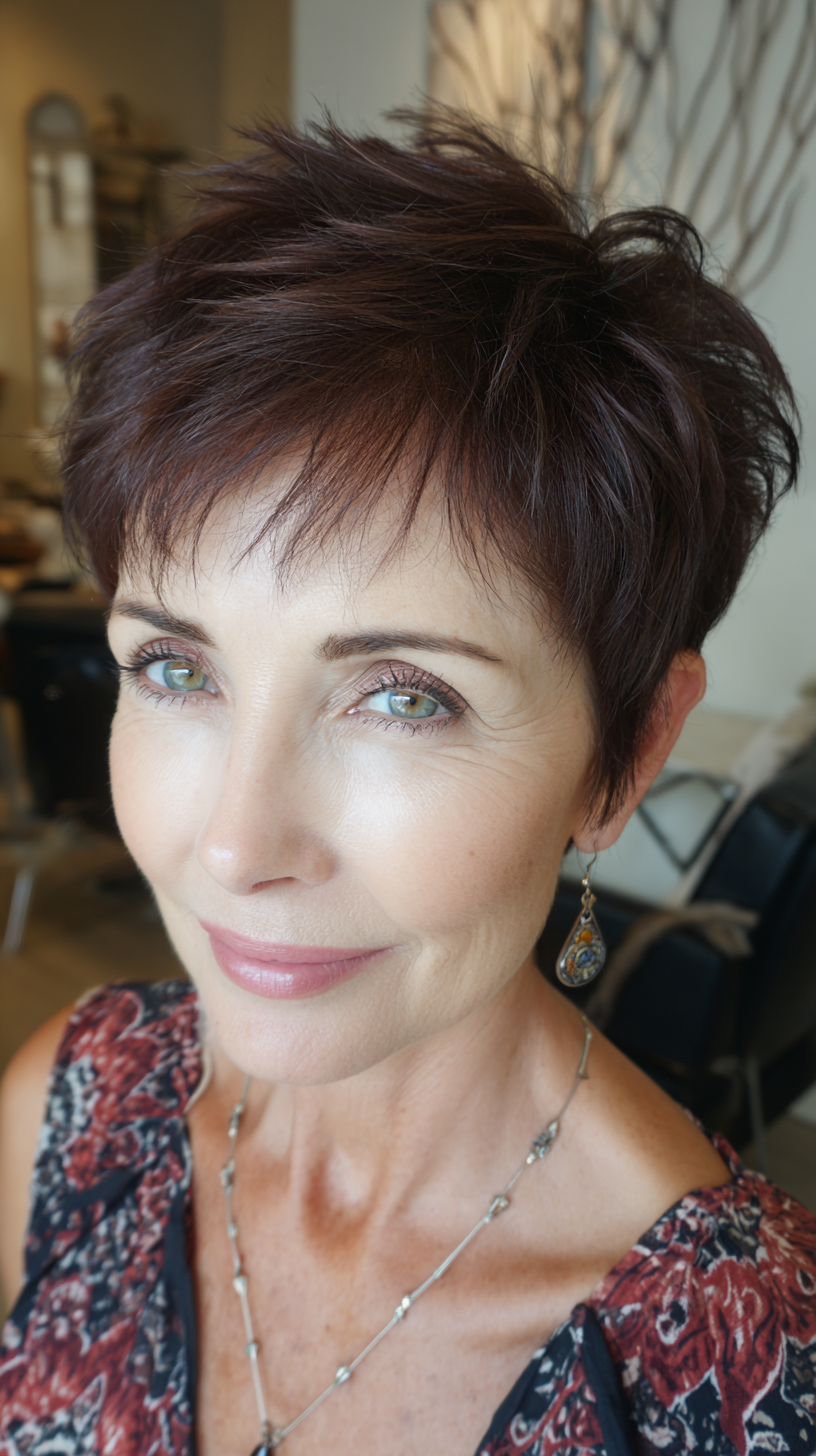 Textured Short Spiky Cut with Rich Chestnut Color