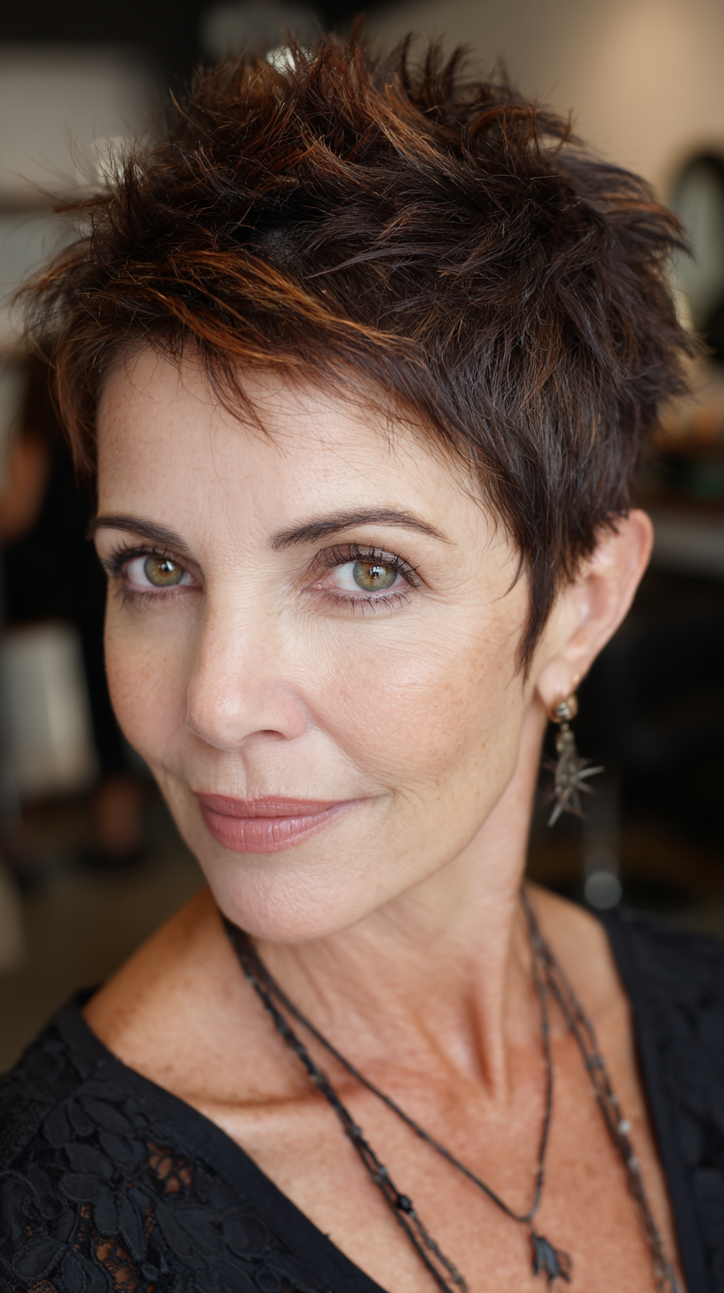 Textured Short Spiky Cut with Warm Chestnut Highlights