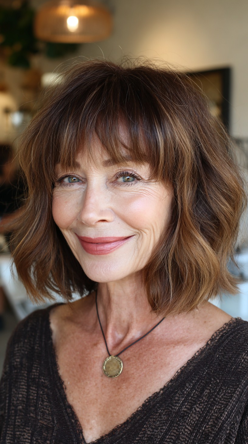 Warm Chestnut Waves with Airy Bangs