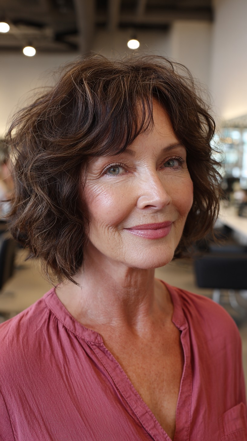 Brunette Shaggy Bob with Soft Curls for Thinning Hair