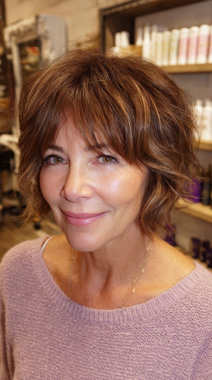 Brunette Wispy Layered Bob with Natural Highlights