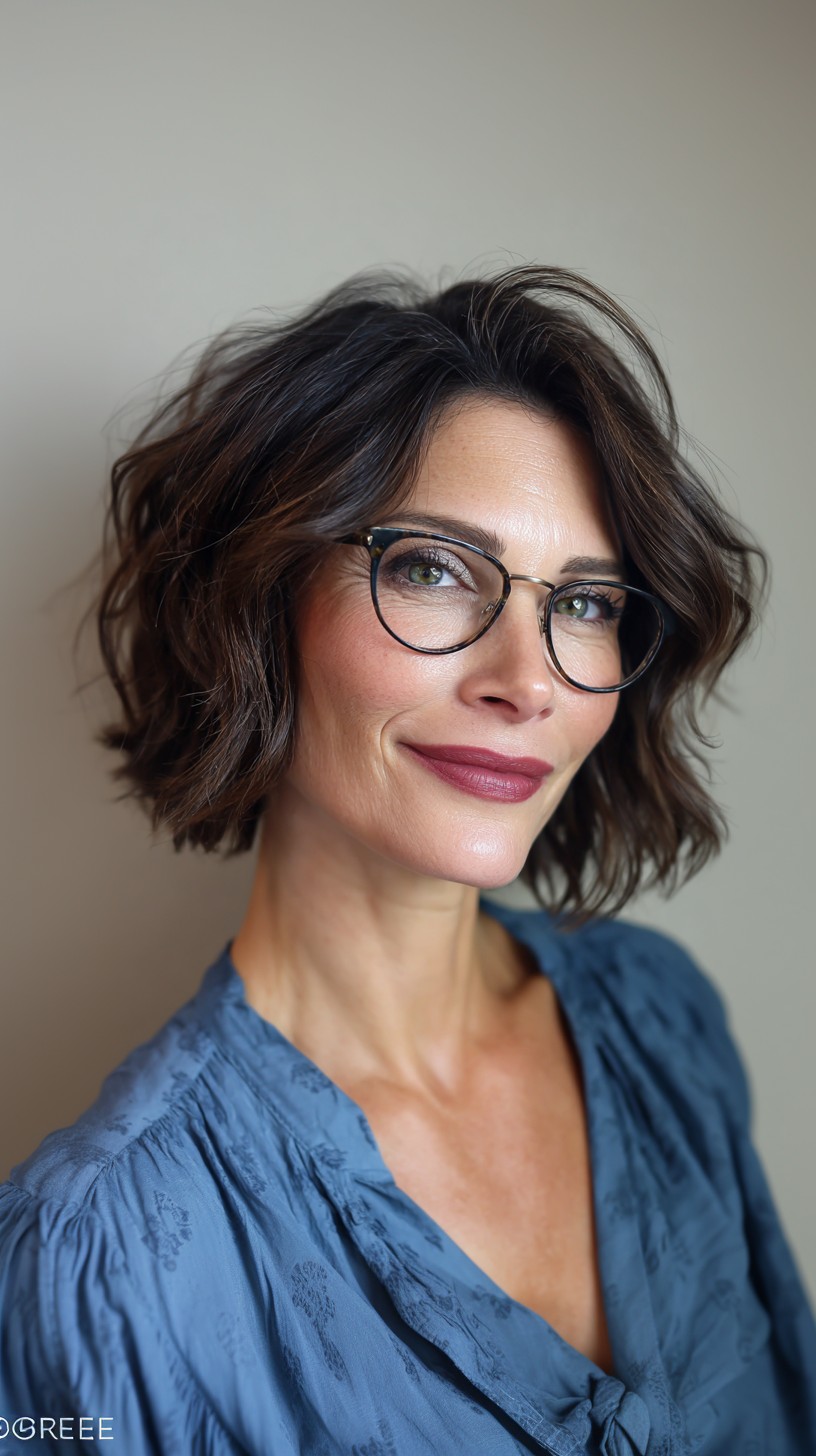 Casually Elegant Tousled Bob with Sleek Specs