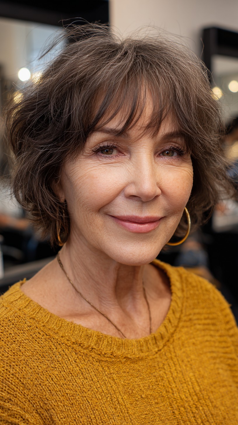 Charming Brunette Tousled Bob with Natural Gray Highlights
