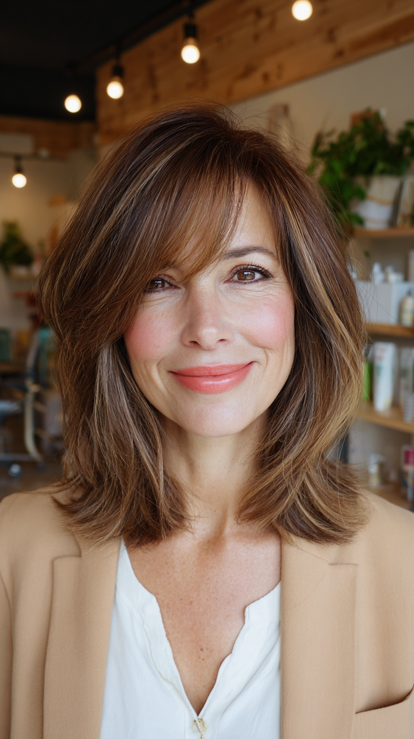 Chic Layered Mid-Length Haircut with Face-Framing Bangs