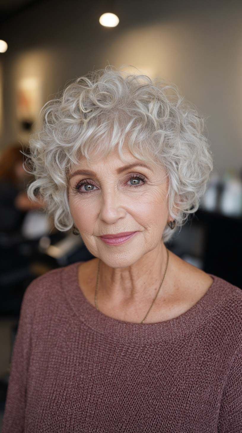 Curly Silver Voluminous Bob for Mature Women