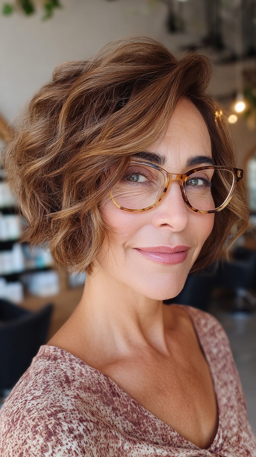 Dynamic Chestnut Wavy Bob for Women Over 50