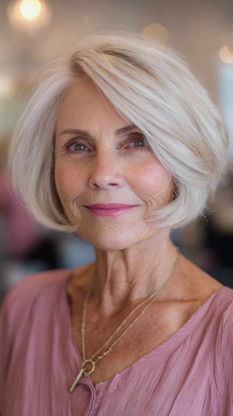 Elegant Silver Layered Bob with Soft Bangs