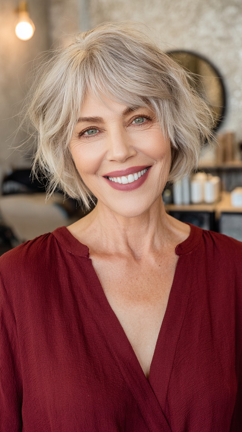 Elegant Silver Layered Bob with Wispy Bangs