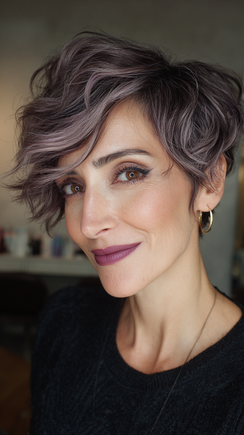 Elegant Wavy Pixie Cut with Soft Lavender Tones