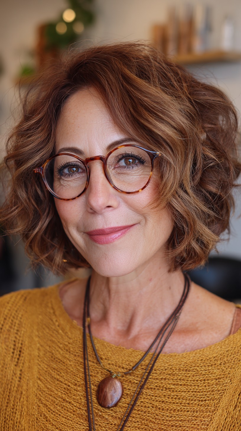 Fashionably Tousled Caramel Ripple Bob with Amber Glasses